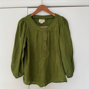 Maeve by Anthropologie XS Green Peasant Blouse Button Front 3/4 Sleeve Rayon